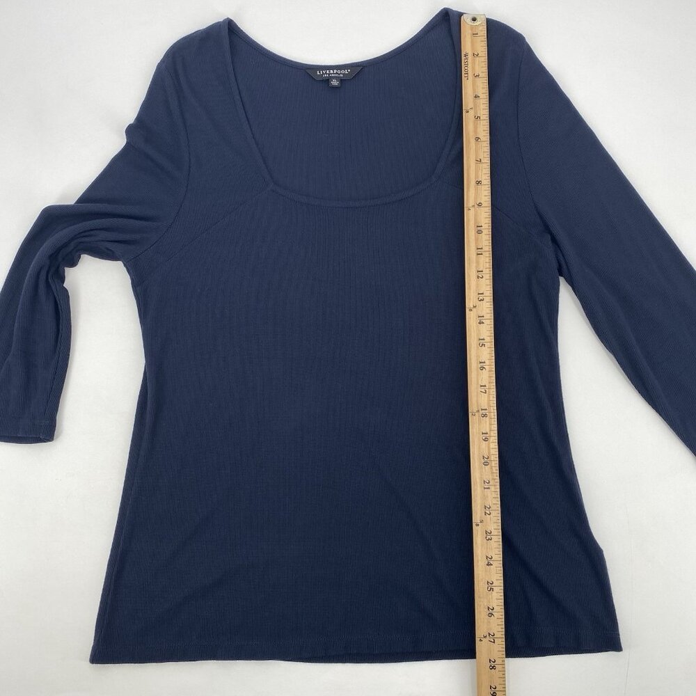 Liverpool Womens XL Square Neck Navy Blue 3/4 Sleeve Ribbed Knit Blouse Office - Picture 4 of 12